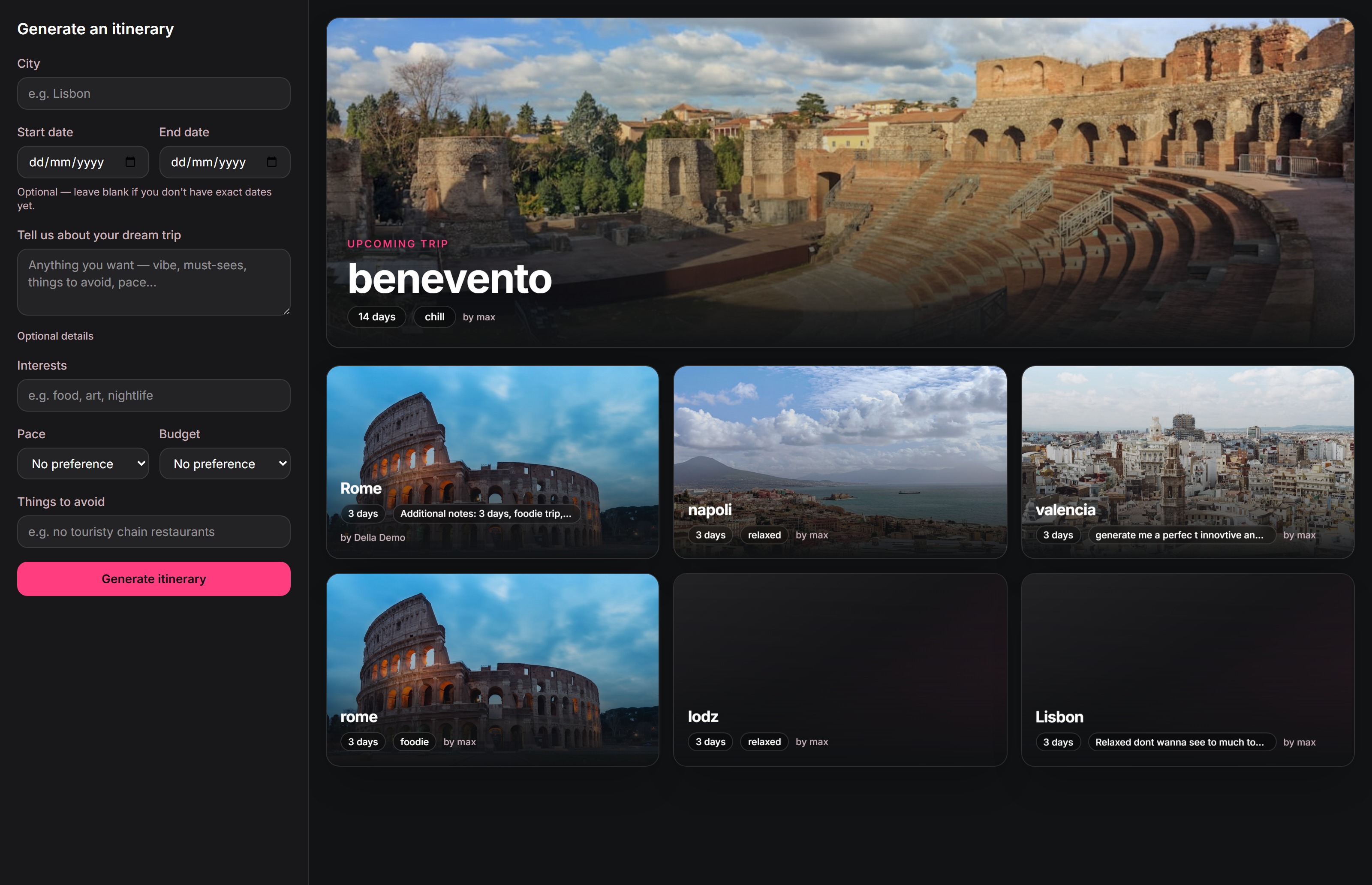 Elenco itinerari di TravelMap generati con AI