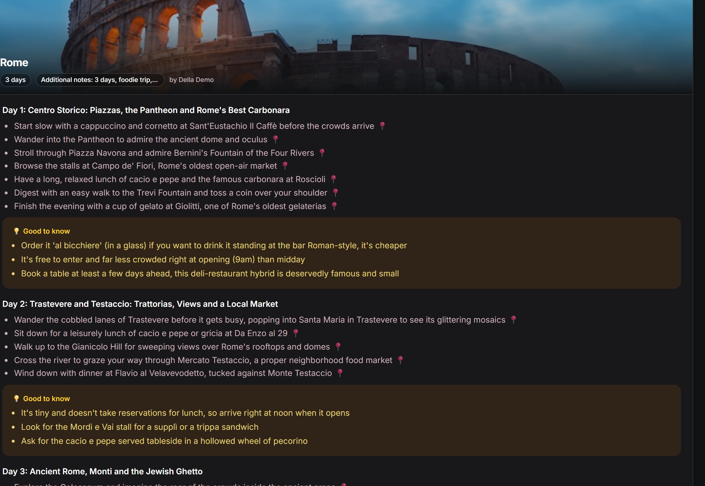 Itinerario di 3 giorni a Roma generato dall'AI di TravelMap