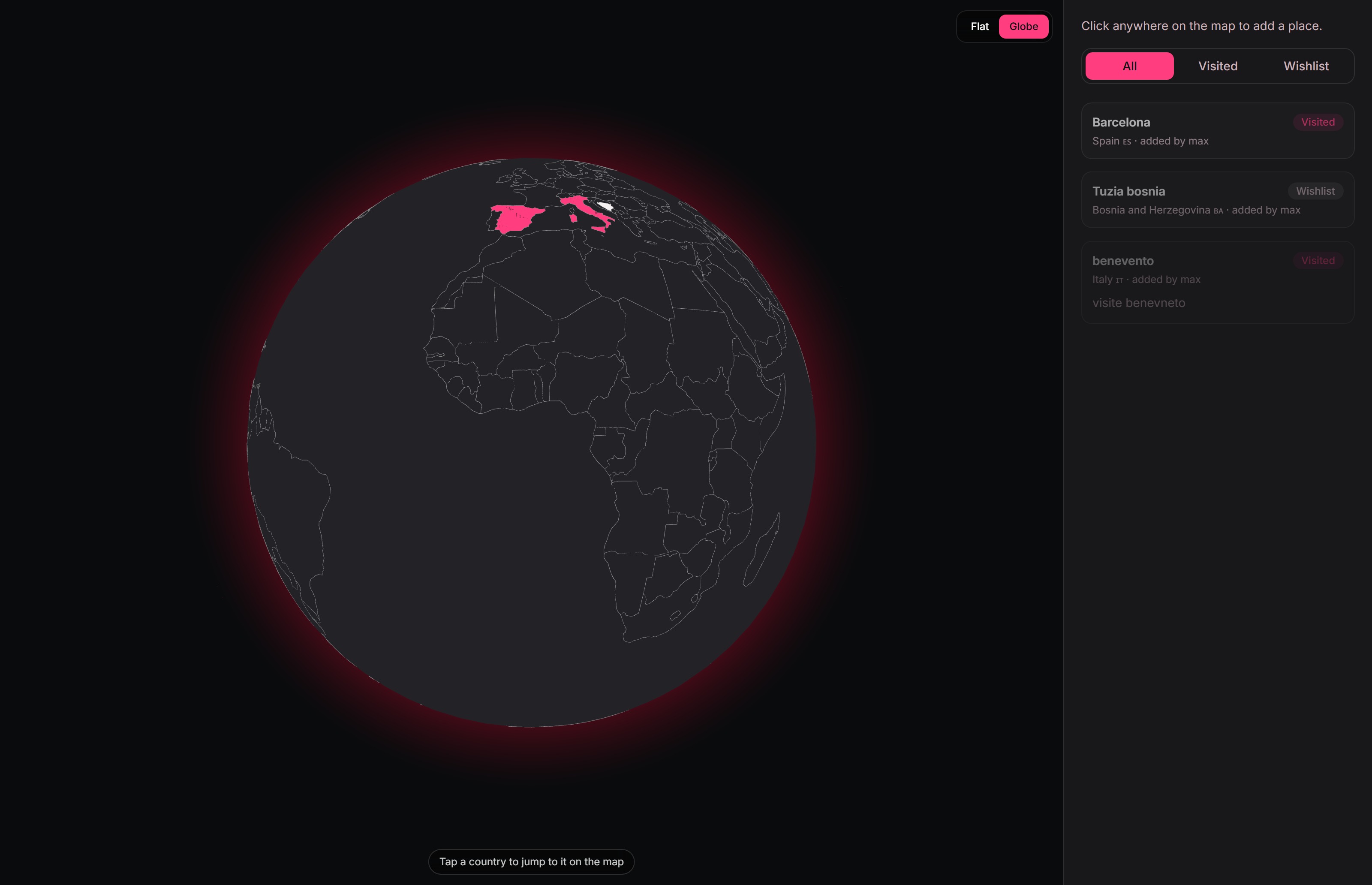 Mappa 3D interattiva di TravelMap con le mete visitate