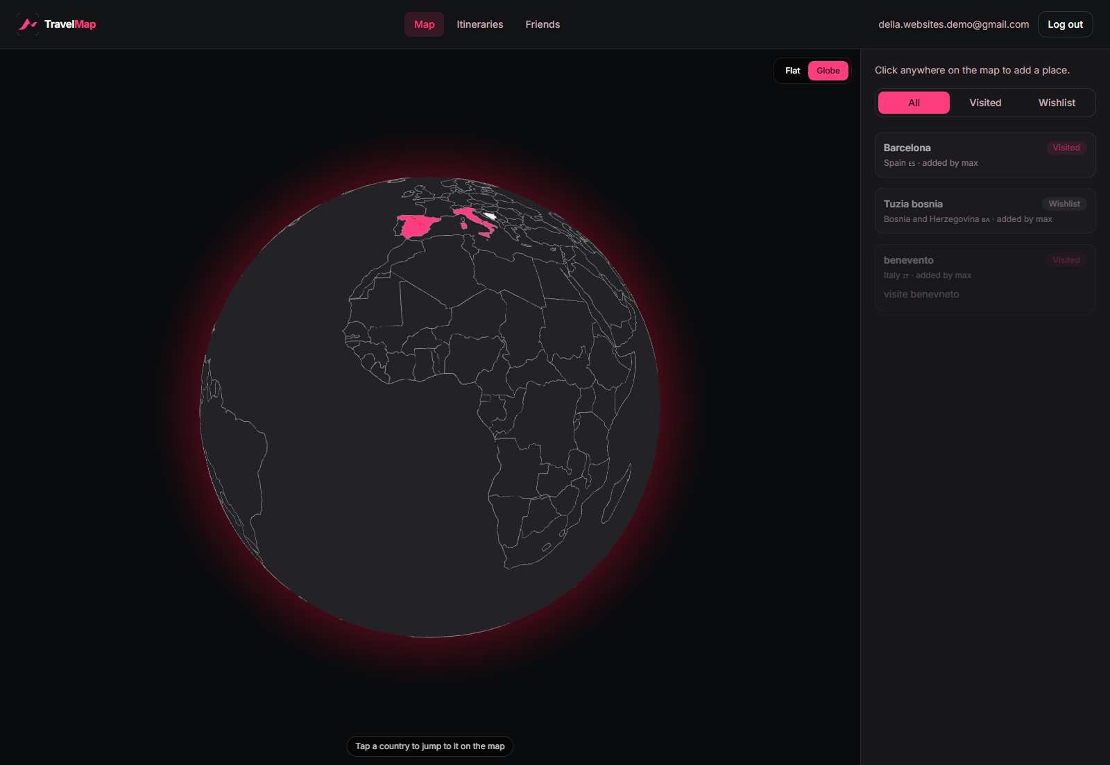 Mappa 3D interattiva di TravelMap con le mete visitate e in wishlist