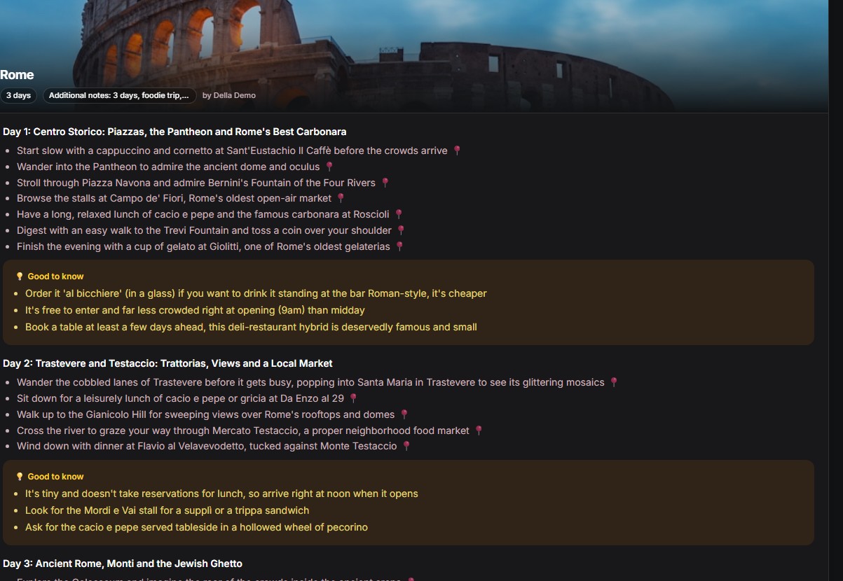 Itinerario di 3 giorni a Roma generato dall'AI di TravelMap, suddiviso giorno per giorno