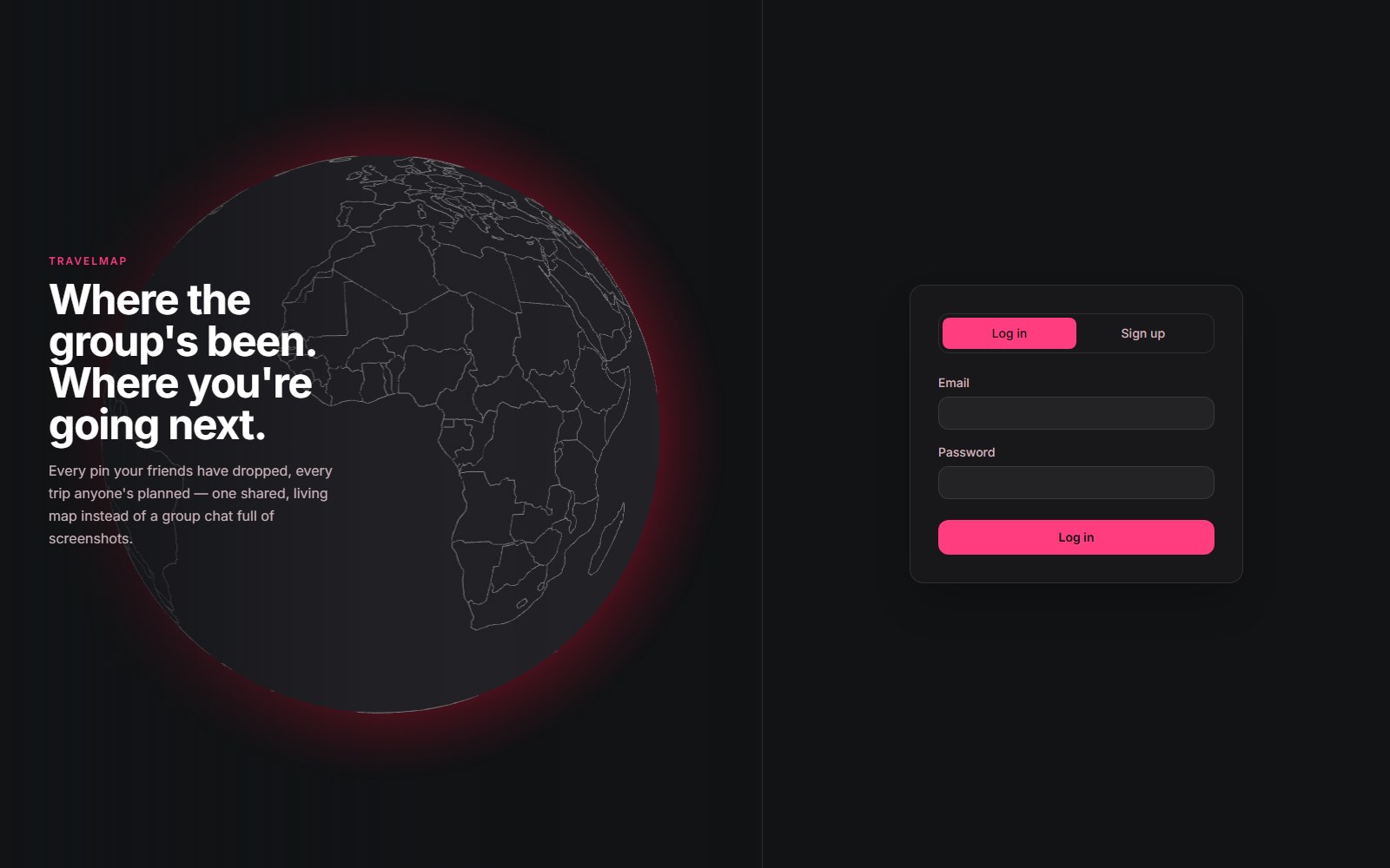 Schermata della landing page di TravelMap